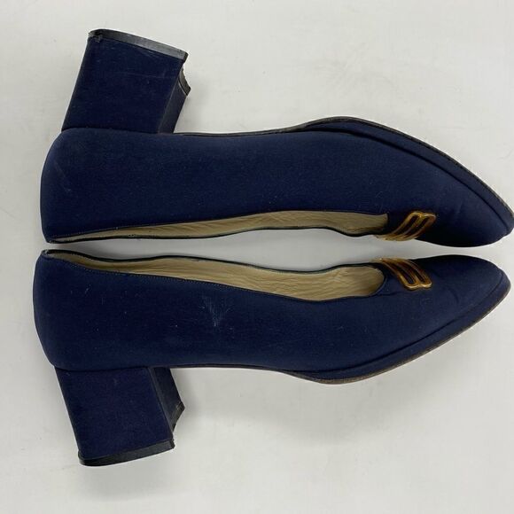 Sold! Bally Sz 7 Blue Pandar Gold Accents Career Slip On Designer Chunky Pumps - Picture 5 of 13